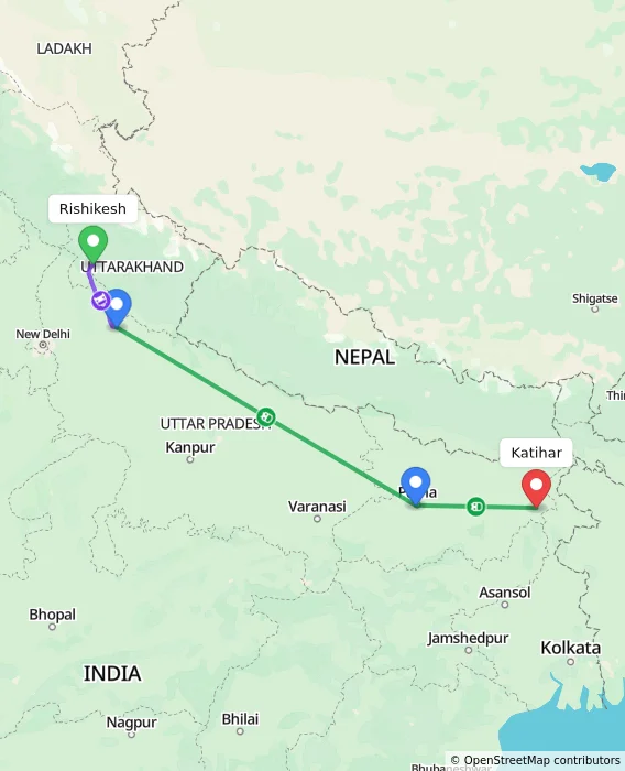 Route map showing distance and travel time from Rishikesh, India to Katihar, India