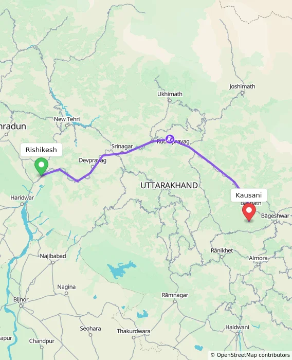 Route map showing distance and travel time from Rishikesh, India to Kausani, India