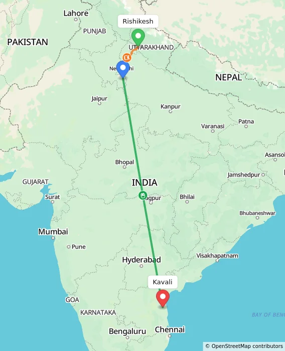 Route map showing distance and travel time from Rishikesh, India to Kavali, India