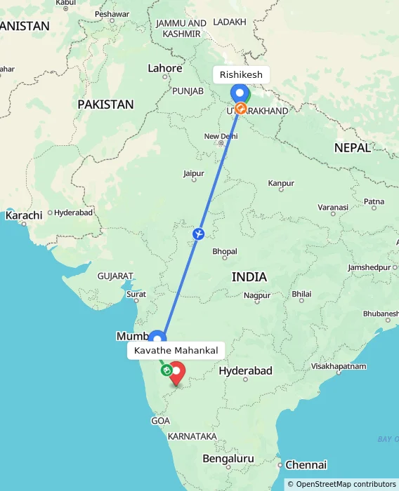 Route map showing distance and travel time from Rishikesh, India to Kavathe Mahankal, India