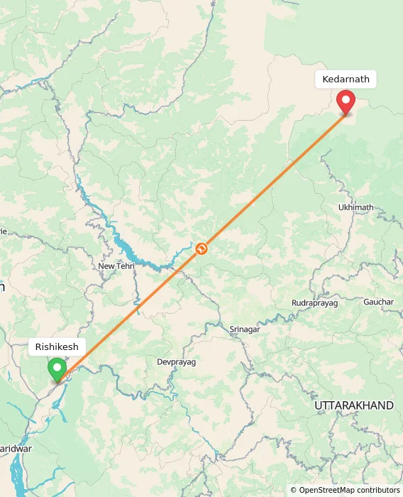 Route map showing distance and travel time from Rishikesh, India to Kedarnath, India