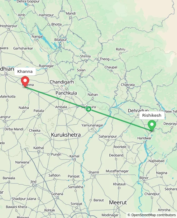 Route map showing distance and travel time from Rishikesh, India to Khanna, India