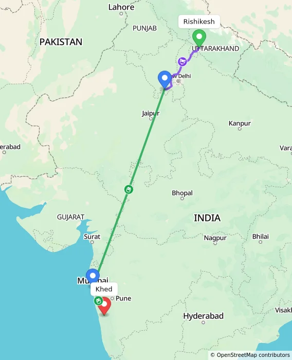 Route map showing distance and travel time from Rishikesh, India to Khed, India
