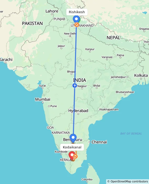 Route map showing distance and travel time from Rishikesh, India to Kodaikanal, India