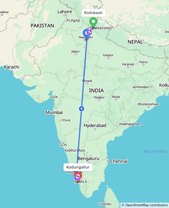 Route map showing distance and travel time from Rishikesh, India to Kodungallur, India