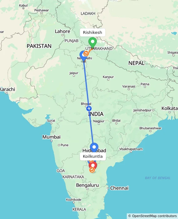 Route map showing distance and travel time from Rishikesh, India to Koilkuntla, India