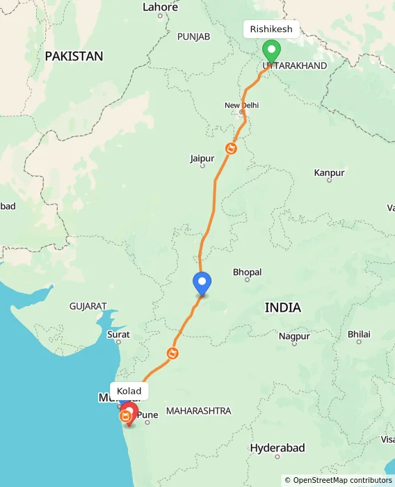 Route map showing distance and travel time from Rishikesh, India to Kolad, India