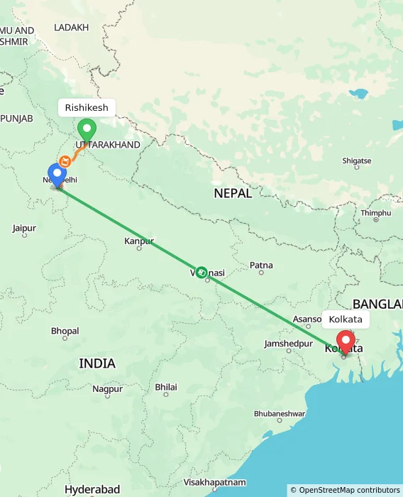 Route map showing distance and travel time from Rishikesh, India to Kolkata, India