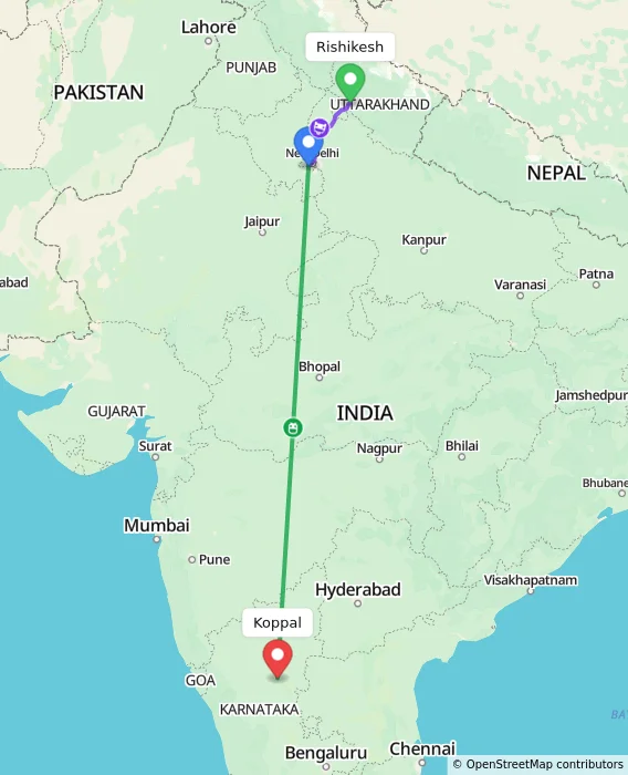 Route map showing distance and travel time from Rishikesh, India to Koppal, India