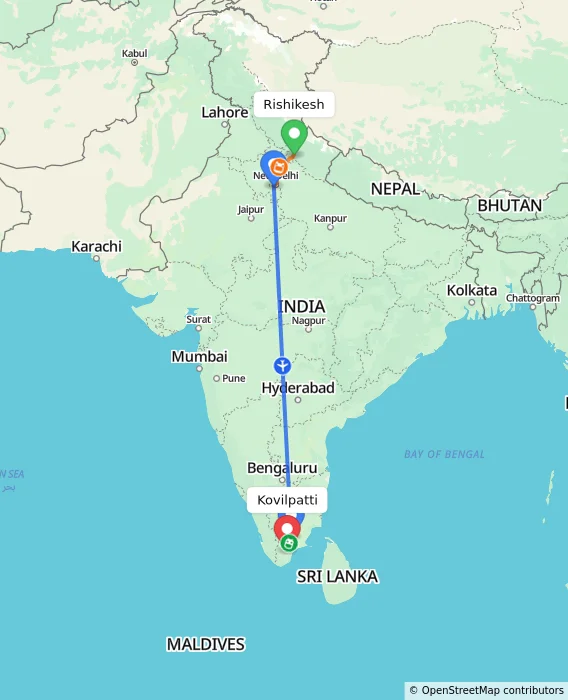 Route map showing distance and travel time from Rishikesh, India to Kovilpatti, India