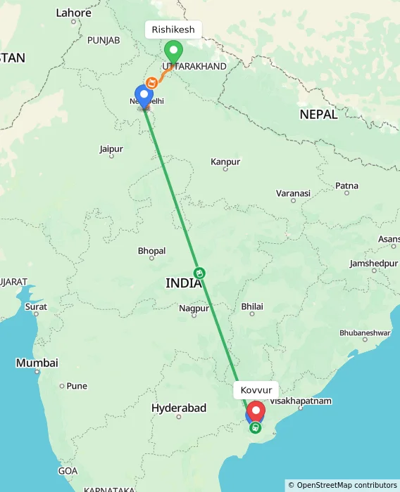 Route map showing distance and travel time from Rishikesh, India to Kovvur, India