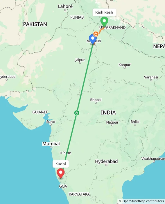 Route map showing distance and travel time from Rishikesh, India to Kudal, India