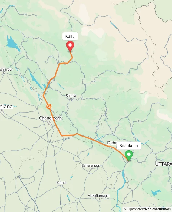 Route map showing distance and travel time from Rishikesh, India to Kullu, India