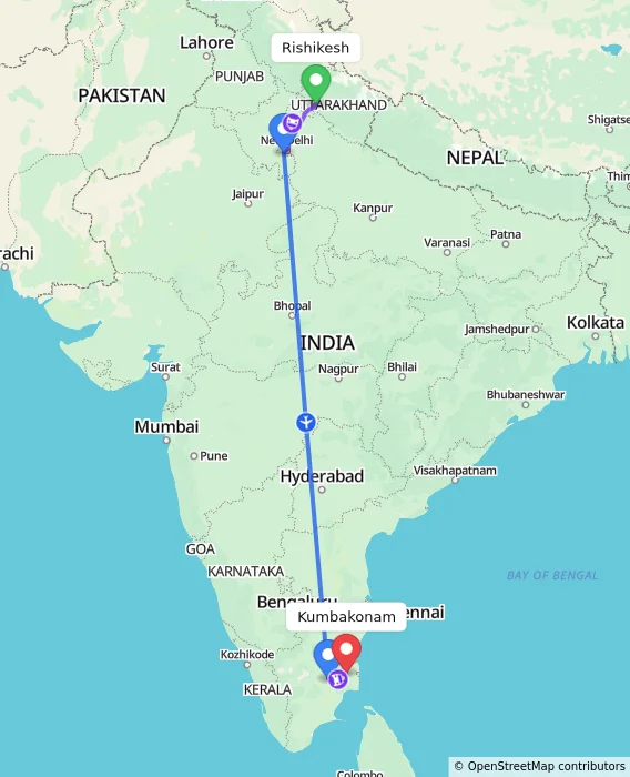 Route map showing distance and travel time from Rishikesh, India to Kumbakonam, India