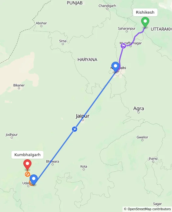 Route map showing distance and travel time from Rishikesh, India to Kumbhalgarh, India
