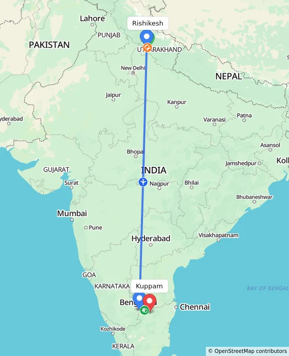 Route map showing distance and travel time from Rishikesh, India to Kuppam, India