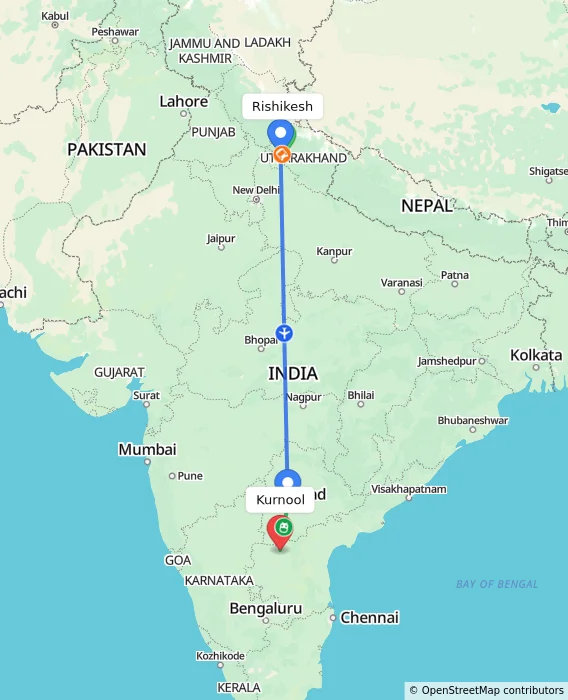 Route map showing distance and travel time from Rishikesh, India to Kurnool, India