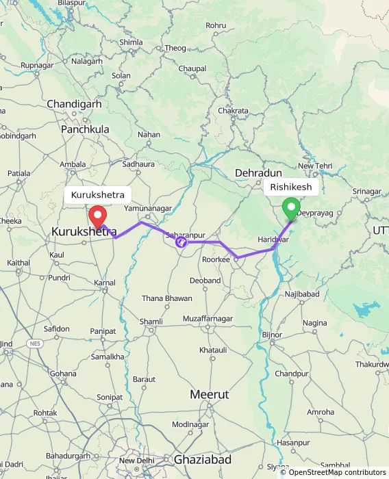 Route map showing distance and travel time from Rishikesh, India to Kurukshetra, India