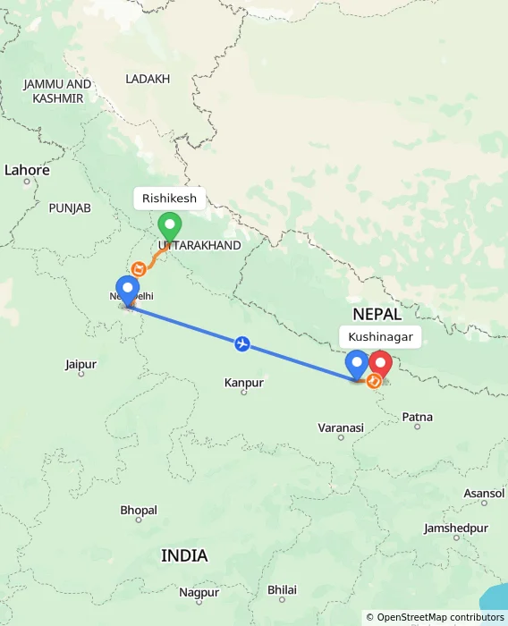 Route map showing distance and travel time from Rishikesh, India to Kushinagar, India