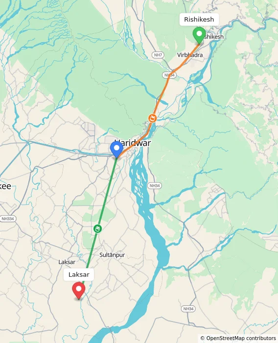 Route map showing distance and travel time from Rishikesh, India to Laksar, India