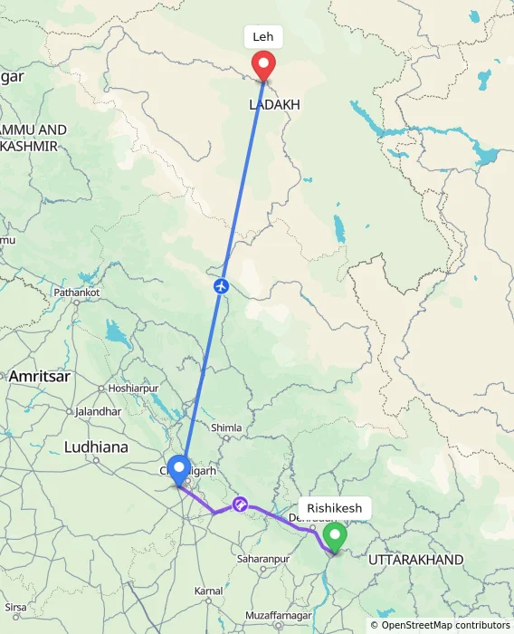 Route map showing distance and travel time from Rishikesh, India to Leh, India