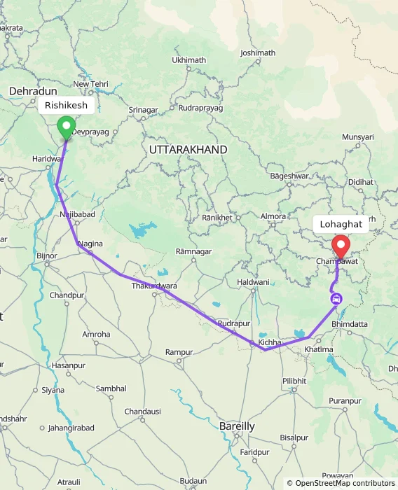 Route map showing distance and travel time from Rishikesh, India to Lohaghat, India