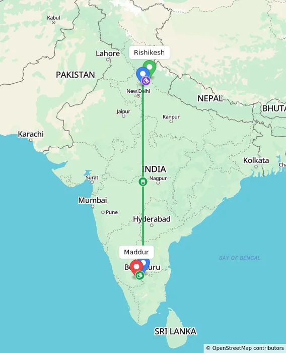 Route map showing distance and travel time from Rishikesh, India to Maddur, India