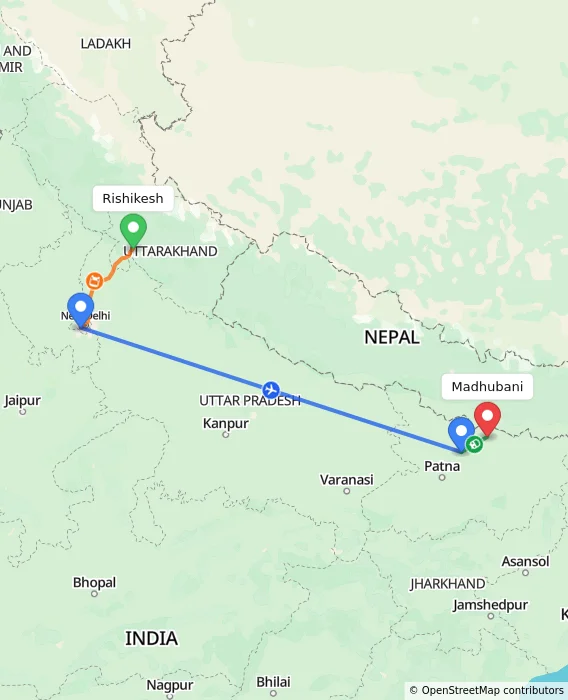 Route map showing distance and travel time from Rishikesh, India to Madhubani, India