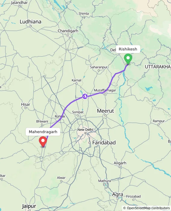 Route map showing distance and travel time from Rishikesh, India to Mahendragarh, India