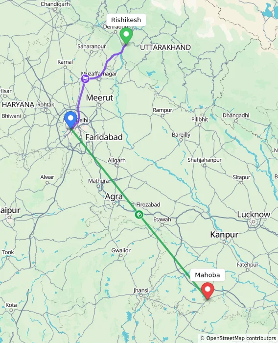 Route map showing distance and travel time from Rishikesh, India to Mahoba, India