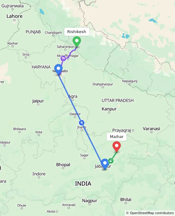 Route map showing distance and travel time from Rishikesh, India to Maihar, India
