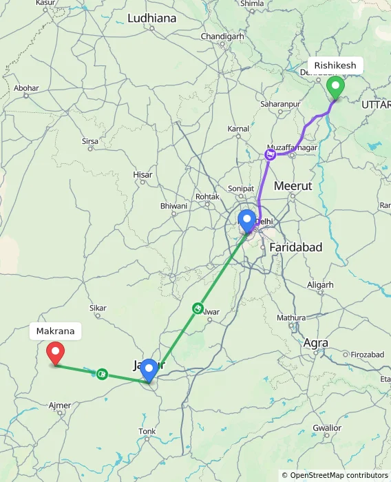 Route map showing distance and travel time from Rishikesh, India to Makrana, India