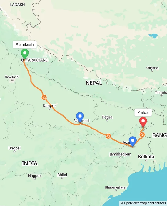 Route map showing distance and travel time from Rishikesh, India to Malda, India