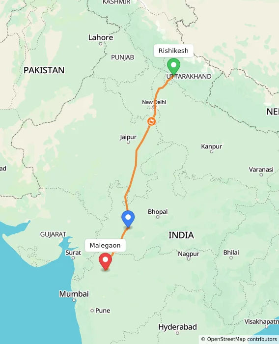 Route map showing distance and travel time from Rishikesh, India to Malegaon, India