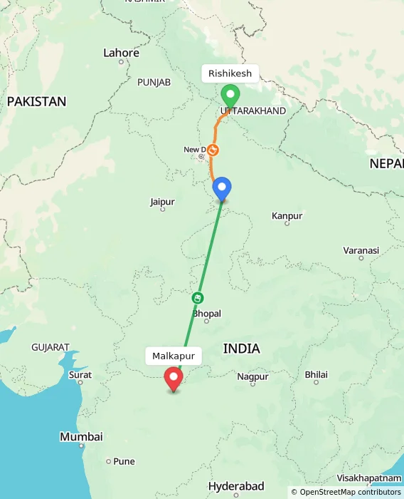 Route map showing distance and travel time from Rishikesh, India to Malkapur, India