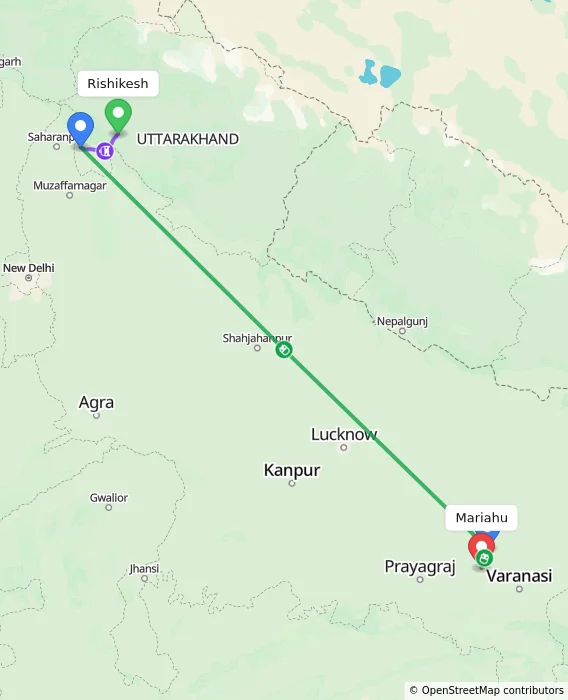 Route map showing distance and travel time from Rishikesh, India to Mariahu, India