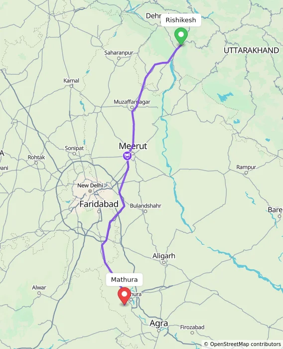 Route map showing distance and travel time from Rishikesh, India to Mathura, India