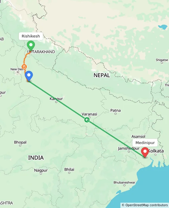Route map showing distance and travel time from Rishikesh, India to Medinipur, India