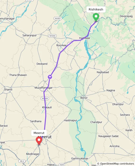 Route map showing distance and travel time from Rishikesh, India to Meerut, India