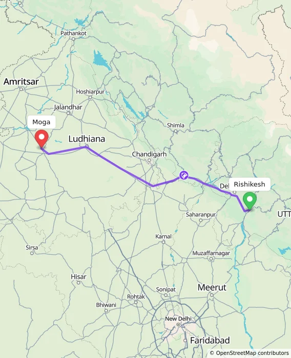 Route map showing distance and travel time from Rishikesh, India to Moga, India