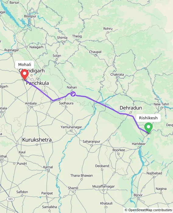 Route map showing distance and travel time from Rishikesh, India to Mohali, India