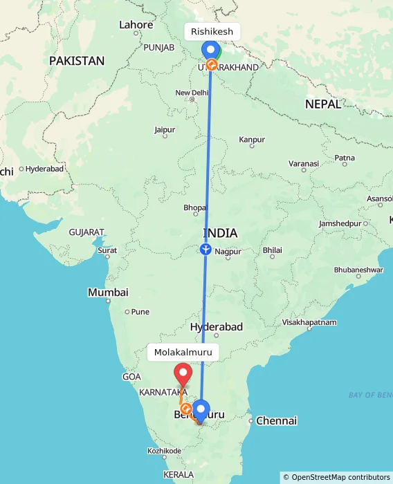 Route map showing distance and travel time from Rishikesh, India to Molakalmuru, India