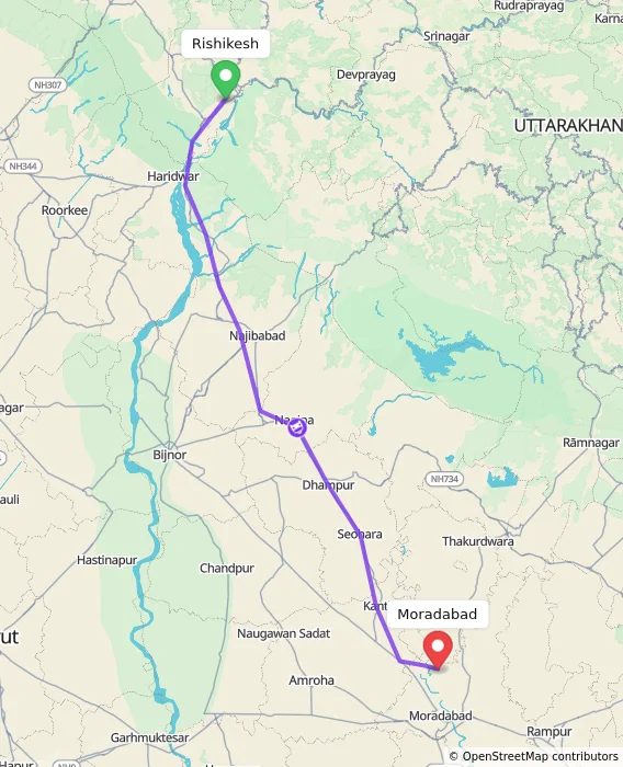 Route map showing distance and travel time from Rishikesh, India to Moradabad, India