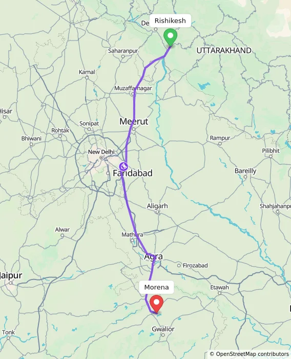 Route map showing distance and travel time from Rishikesh, India to Morena, India