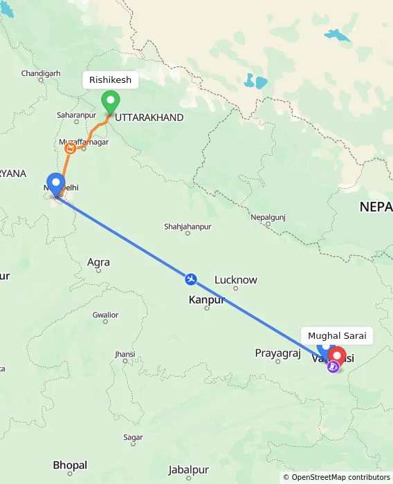 Route map showing distance and travel time from Rishikesh, India to Mughal Sarai, India