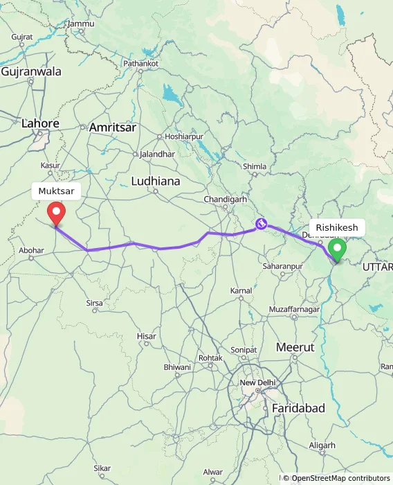 Route map showing distance and travel time from Rishikesh, India to Muktsar, India