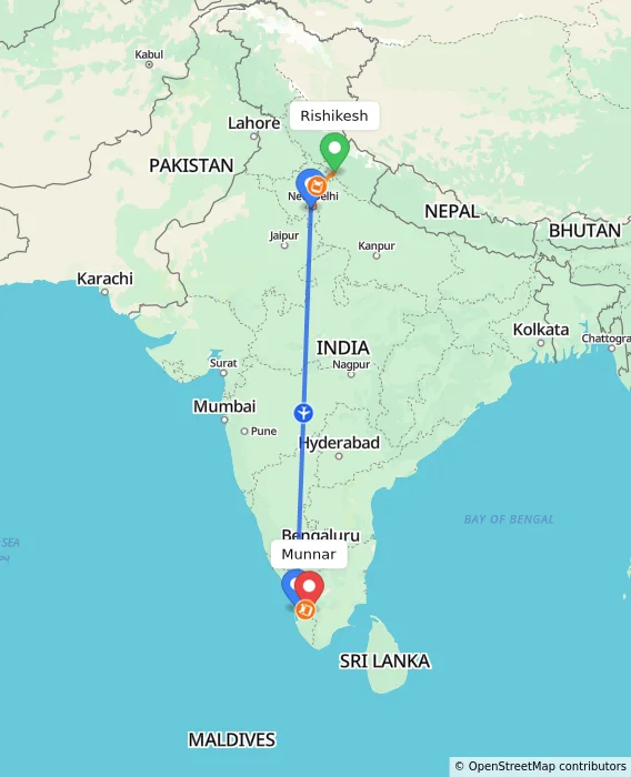 Route map showing distance and travel time from Rishikesh, India to Munnar, India