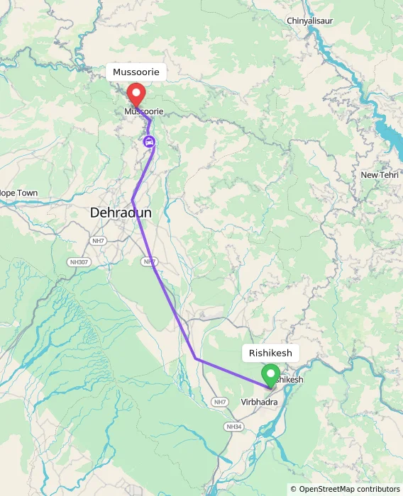 Route map showing distance and travel time from Rishikesh, India to Mussoorie, India