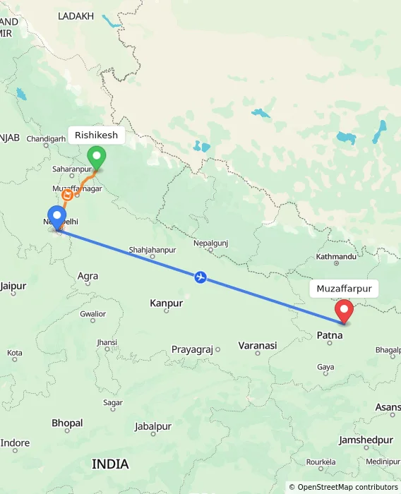 Route map showing distance and travel time from Rishikesh, India to Muzaffarpur, India