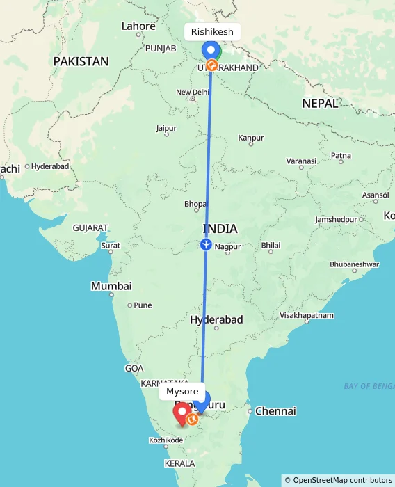 Route map showing distance and travel time from Rishikesh, India to Mysore, India